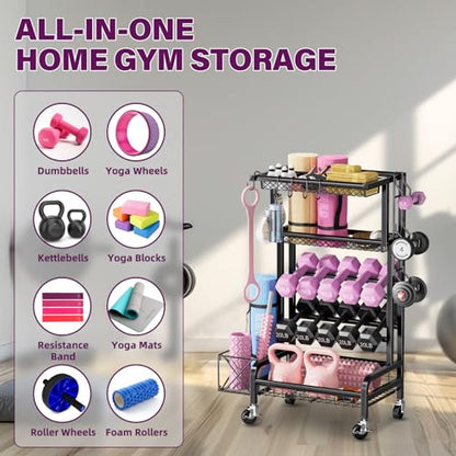 Dumbbell Rack, Weight Rack for Home Gym Storage Rack with Lockable Wheels & Hooks, Workout Equipment Storage for Yoga Mat Foam Roller Kettlebells Resistance Bands
