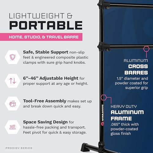 VITA Barre Portable Freestanding Double Ballet Barre, Prodigy, Aluminum | Adjustable Height, USA Made, Home or Gym Exercise Equipment for Kids & Adults | Dance, Fitness, Pilates - color: Black, style: 5 Ft