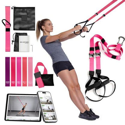Home Resistance Training Kit - Full Body Workout Equipment with Suspension Straps, Handles & Door Anchor (Pink)