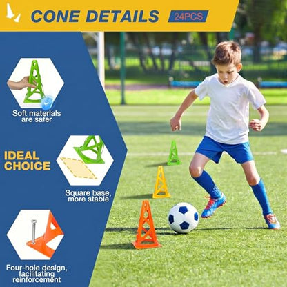 24 Pack Soccer Cones, 9 Inch Agility Cones for Soccer, Football, Basketball, Cones for Sports Training, Speed & Agility Drills, Field Marking Equipment