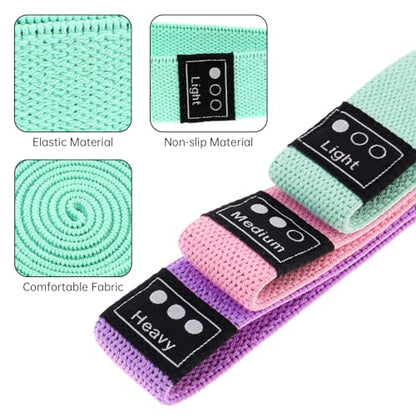 Fabric Resistance Bands - 3-Pack Set, Long Cloth Exercise Bands for Home Workout Strength Training, Yoga & Pilates | with Storage Bag - color: Pink, Green, Purple