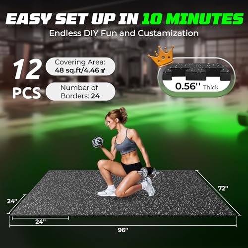 0.56" Rubber Top Gym Flooring, Heavy Duty Interlocking Gym Mats for Home Gym, Non-Slip Workout Mat, 24 x 24in Large Gym Floor Mat, Protect Floors from Weights & Equipment, 48 Sq Ft, Black/Grey - size: 12 Tiles (48 Sq Ft)