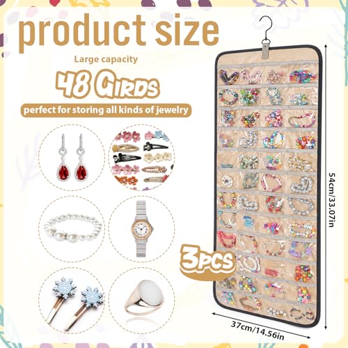 3 Pack Hanging Jewelry Organizer Storage with 48 Pockets and Hooks Dual-Sided Hanging Jewelry Organizers and Storage Hang on Closet, Wall, Door for Earrings, Necklaces, Rings,Blcak - size: Large