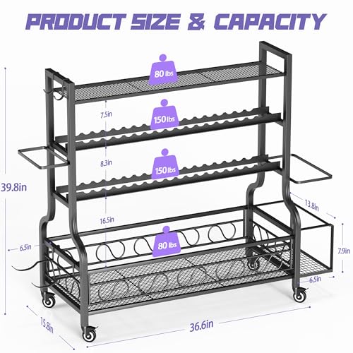 PARTPHONER Dumbbell Weight Rack, Home Gym Storage for Kettlebells Yoga Mat and Balls, All in One Workout Storage with Wheels and Hooks, Powder Coated Finish Steel - size: 49.6"(L)x15.8"(W)x39.8"(H)