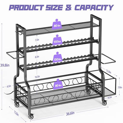 PARTPHONER Dumbbell Weight Rack, Home Gym Storage for Kettlebells Yoga Mat and Balls, All in One Workout Storage with Wheels and Hooks, Powder Coated Finish Steel - size: 49.6"(L)x15.8"(W)x39.8"(H)