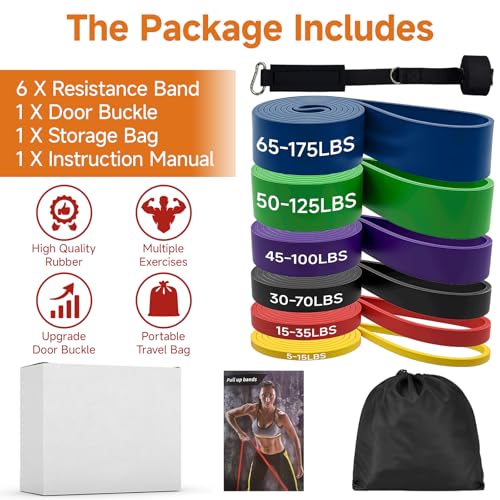Resistance Bands Set with Door Anchor, Multi-Levels Pull Up Assistance Bands, Exercise Bands for Working Out, Stretching, Muscle Training, Physical Therapy (Men/Women)