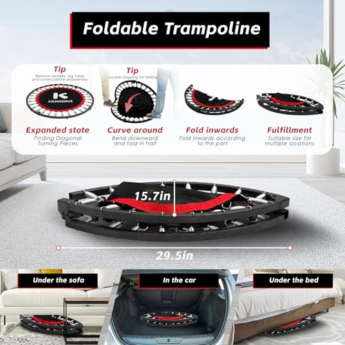 KENSONE 40"/48" Foldable Mini Trampoline, Indoor Trampoline for Kids, Adults Indoor/Garden Workout, Fitness Rebounder with Adjustable Foam Handle, Max Load 330/450 lbs