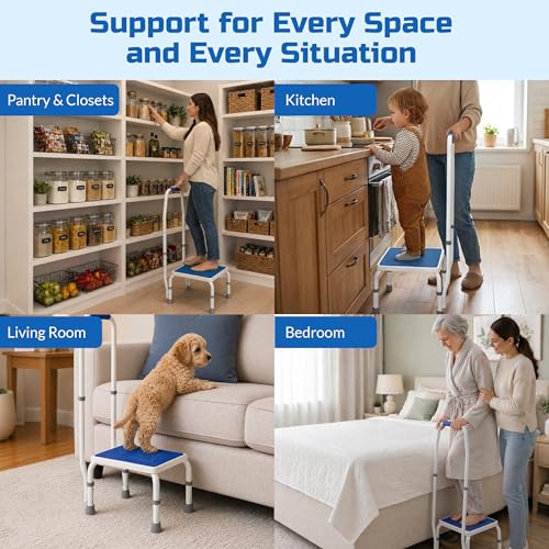 Platinum Health AdjustaStep(tm) Deluxe Step Stool/Footstool with Handle/Handrail, Height Adjustable. Modern White/Blue Design. Padded Non-Slip Handle. 300 lb. Capacity - size: 300 lb. Capacity - 1 Step
