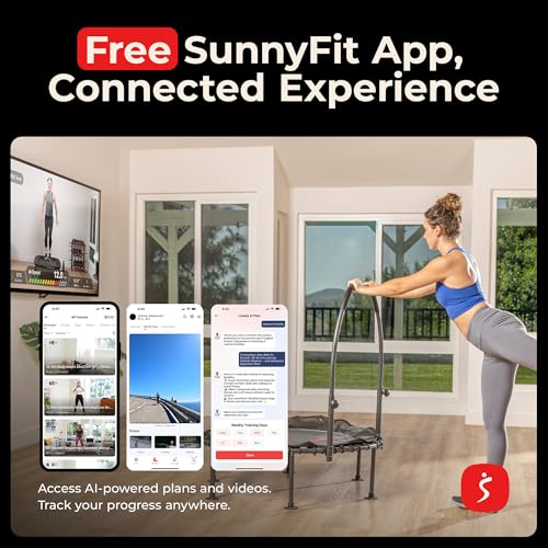 Sunny Health & Fitness 36”/40”/48” Bungee Exercise Trampoline for Adults with Adjustable Foam U-Shaped Handlebar – Home Indoor Cardio, Silent & Low Impact Bounce