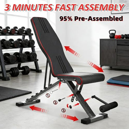 Adjustable Weight Bench for Bench Press, Heavy Duty Stable Workout Bench Foldable Weight Benches for Home Gym, Incline/Decline 90 Degree Bench Exercise Bench