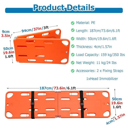 Spine Board for Water Rescue, Foldable Spine Board Stretcher Backboard with 2 Adjustable Straps, Lightweight PE Rescue Spine Boards for Patient Transport