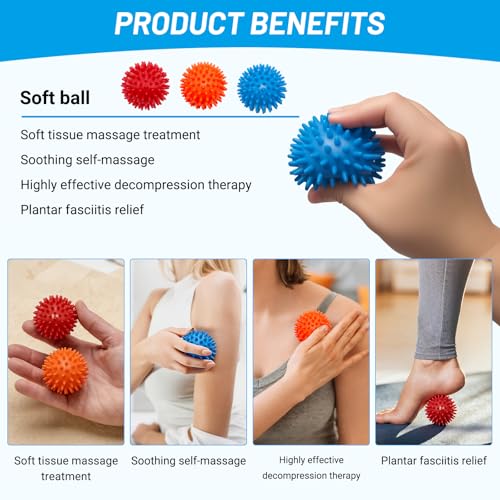 3PCS Spiky Massage Balls Set for Back, Feet, Hands, Muscles, Soft Spiked Massager Rollers for Plantar Fasciitis Relief, Myofascial Release, Acupressure and Stress Relief，2.7 Inch