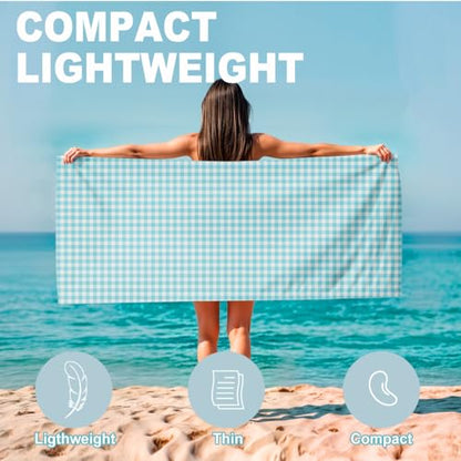 Microfiber Beach Towel Sand Free Quick Dry Oversized Sky Blue White Gingham Pattern Lightweight Travel Pool Towel for Adults 71 x 32 Inches 1 Pcs - color: Tartan