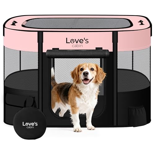 Love's cabin Pet Puppy Dog Playpen, Large Dog Tent Crates Cage Indoor/Outdoor, Portable Exercise Playpen for Cat, Foldable Pop Up Dog Kennel Playpen with Carring Case (L, Pink) - color: Pink, style: Large