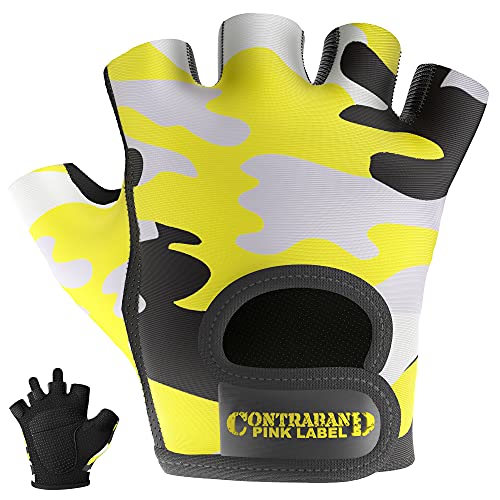 Contraband Pink Label 5217 Women's Design Series Camo Print Lifting and Rowing Gloves (Pair) - Lightweight Vegan Medium Padded Microfiber Amara Leather w/Griplock Silicone - color: Yellow, size: Medium