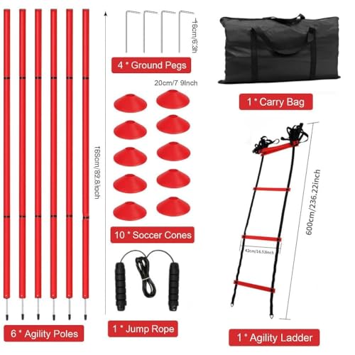 Soccer Agility Training Equipment, 6 Adjustable Soccer Training Agility Poles, 1 Speed Agility Ladder,10 Soccer Agility Cones for Training, 1 Jump Rope + Storage Bag for Youth Soccer Drills
