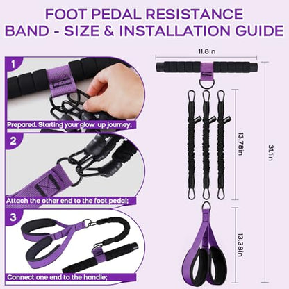 Multifunction Pedal Resistance Band with Handle, 30/40/50LB Adjustable Foot Pedal Puller Resistance Band with Poster & Storage, Extended Length Tension Rope for Men Women Full Body Workout Home Gym