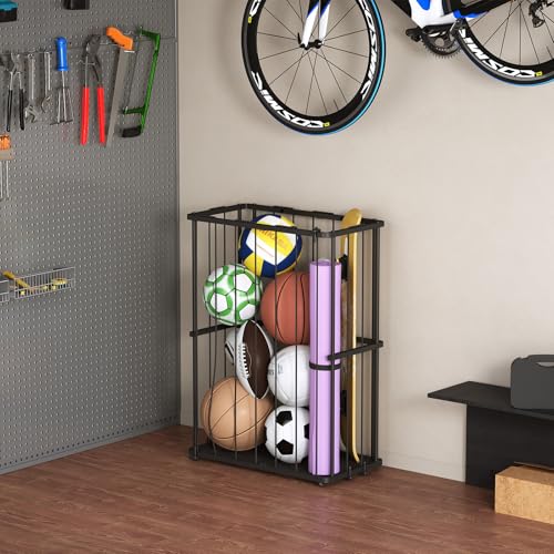 Garage Ball Storage Wall-Mounted & Floor Sports Equipment Organizer: Sports Ball Rack with Elastic Rope, Holder for Basketball, Soccer, Volleyball, Football, Garage, Gym, Black(Patent Pending) - size: Small, style: With Adjuster Foot,Rectangle