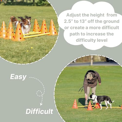 TRIXIE Dog Agility Hurdle Cone Set – Jump Set with Height Adjustable Crossbar for Beginners to Advanced, Training Equipment for Dogs – 6 x Cones, 3 x Agility Rods