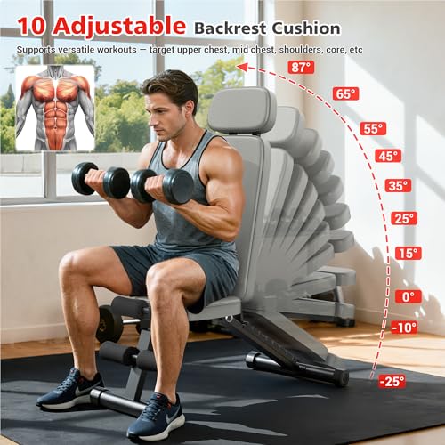 XDDIAS Workout Bench, 10 Backrests Adjustable Weight Bench with Extended Headrest, 800LBS Foldable Weight Bench for Home Gym, Incline Decline Flat Bench Compact for Small Space Training - color: Gray