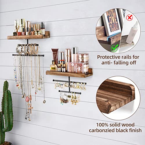 Hanging Wall Mounted Jewelry Organizer with Rustic Wood Jewelry Holder Display for Necklaces Bracelet Earrings Ring Set of 2 Carbonized Black,[Patented] - color: Carbonized Black