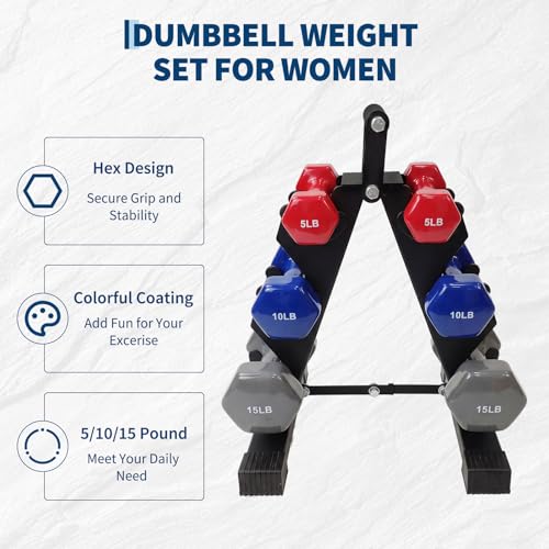 Dumbbell Set for Women and Men,Neoprene Coated Free Hand Weights Set - color: Smooth Surface, size: 5+10+15 lbs