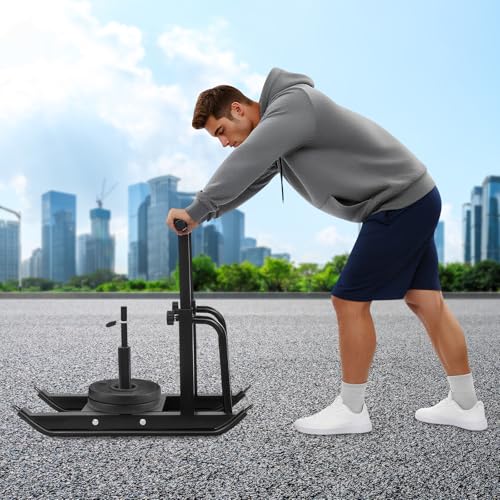 Adjustable Weight Sled,Push Pull Drag Sled,Fitness Sled,440lb Load,5 Height Settings,25in Handles,Grass Gym,Home,Shoulder Strap,Black,34.6in Base