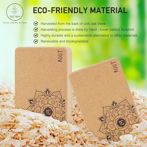 YOGA BLOCKS (ROOT Premium Cork Blocks (2) with Resiliance Bands), BAMBOO