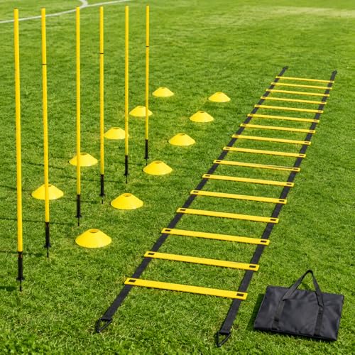PVC Agility Ladder, 6 Ladder Training, 10 Count Training Cones & 6 Marker Poles, Soccer Football Equipment for Athletes