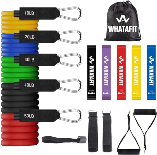 WHATAFIT Resistance Bands, Exercise Bands, Workout Bands with Handles, Door Anchor and Ankle Straps, 5 Resistance Levels Fitness Bands for Strength Training, Physical Therapy, and Home Gym Equipment - color: Colorful