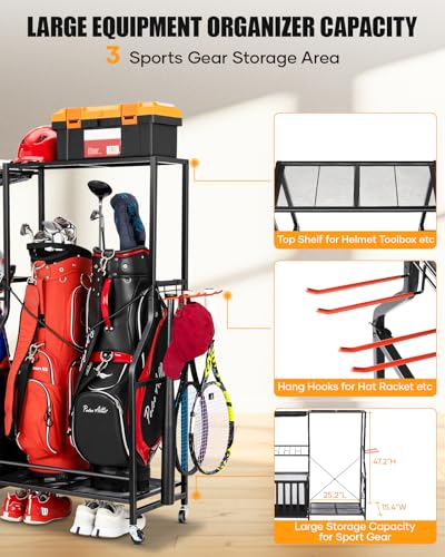EXTCCT Garage Sports Equipment Organizer with Wheels, Golf Bag storage Rack - color: Black - Large