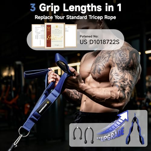MANUEKLEAR 3 Grip Lengths in 1 Tricep Rope Cable Attachment with Ergonomic Handles, Greater ROM for Tricep Push Down Attachment Professional Gym Rope for Overhead Extension - color: Blue