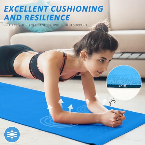 Signature Fitness All Purpose 0.25 Inch Thick High Density No Tear Exercise Yoga Mat with Strap & Lightweight Features for Indoor & Outdoor Use, Blue