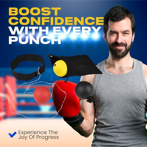 Boxing Reflex Ball Set of 3- Complete Boxing Trainer Ball Set with Elastic Headband, Strings, Storage Bag and Instructions- Easy to Carry Boxing Ball Headband to Improve Hand Eye Coordination & Speed