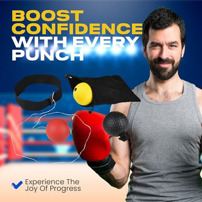 Boxing Reflex Ball Set of 3- Complete Boxing Trainer Ball Set with Elastic Headband, Strings, Storage Bag and Instructions- Easy to Carry Boxing Ball Headband to Improve Hand Eye Coordination & Speed