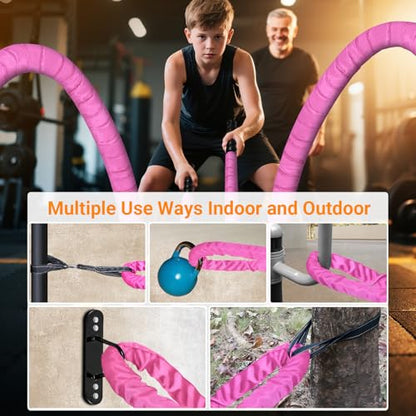 Battle Ropes for Home Gym 1 Inch Diameter 30FT Length Workout Rope Exercise Rope Training Ropes with Protective Sleeve for Kids Men Women Exercise Fitness & Strength Training-Pink - style: 1IN -30FT - Pink