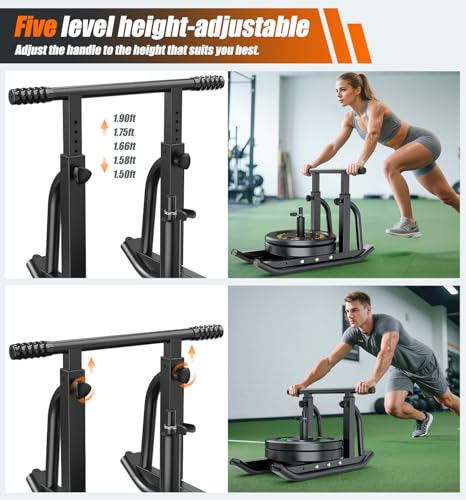 Weight Sled, Heavy-Duty Push Pull Sled, Adjustable Height Handle, Workout Fitness Sled for Training- Running Speed, Agility, Soccer, Football, Strength, Crossfit- Suitable for 1" & 2" Plates - color: Black