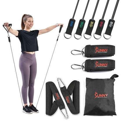 Sunny Health & Fitness Premium Resistance Band Set with Door Anchors, Wrist Straps, Handles Carry Bag Optional Padded Ankle Straps (Pair) for Strength Training, Booty Workout, Lower Body Exercises - style: NO. 089-COMBO