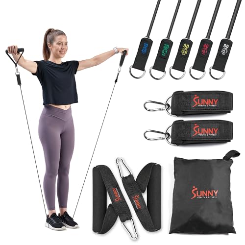 Sunny Health & Fitness Premium Resistance Band Set with Door Anchors, Wrist Straps, Handles Carry Bag Optional Padded Ankle Straps (Pair) for Strength Training, Booty Workout, Lower Body Exercises - style: NO. 089-COMBO