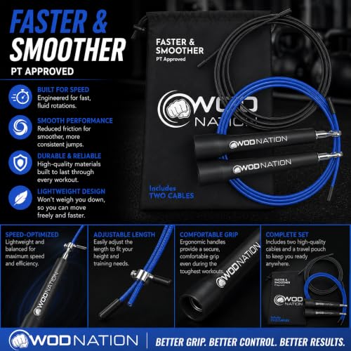 WOD Nation Adjustable Speed Jump Rope For Men, Women & Children - Blazing Fast Fitness Skipping Rope Perfect for Boxing, MMA, Endurance - color: Black