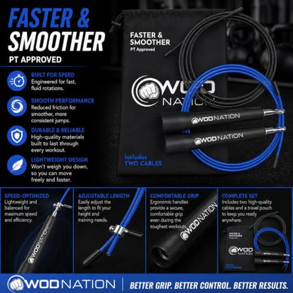 WOD Nation Adjustable Speed Jump Rope For Men, Women & Children - Blazing Fast Fitness Skipping Rope Perfect for Boxing, MMA, Endurance - color: Black