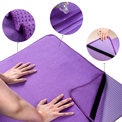 POLYTE Microfiber Hot Yoga Towel Mat with Non-Slip Silicone Grip and Secure Fit Elastic Straps, 24 x 72 in (Purple)