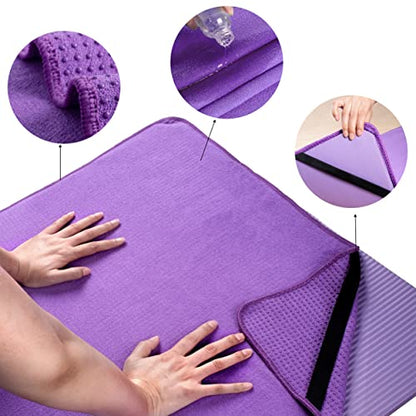 POLYTE Microfiber Hot Yoga Towel Mat with Non-Slip Silicone Grip and Secure Fit Elastic Straps, 24 x 72 in (Purple)