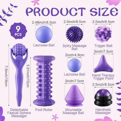 9 Pcs Massage Balls Set for Myofascial Point Release & Deep Massage Tissue Includes Lacrosse, 360° Rotating Mountable Ball, Spiky Balls, Hand Exercise Ball, Foot Roller