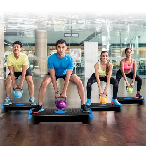 26.5" Height Adjustable Step Aerobic Platform with 4 Risers, Exercise Workout Stepper for Home Training, Gym Fitness, 4''- 6'' - 8'', 400 lbs Capacity - color: Blue