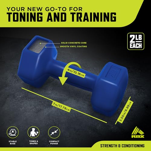 RBX Vinyl Coated Hand Weight Dumbbell Set - Hex Shaped, Roll Free for Body Building/Sculpting/Strength Training Exercise, (Set of 2) - color: Blue, size: 2lb