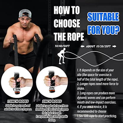 Battle Rope With Wear-Resistant Nylon Protective Sleeve - Heavy Battle Rope for Strength Training, Home Fitness Exercise - Anchor Strap Kit Included
