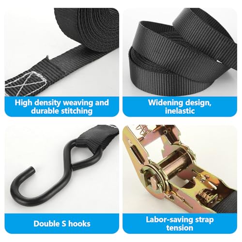 6 Pcs 1 Inch Ratchet Straps Heavy Duty 20ft Tie Down Strap Ratchet with Hooks, 2200 LBS Break Strength, Black Cargo Ratchet Straps for Motorcycle Straps Tie Downs, Appliances, Equipment