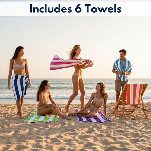 Beach Towels 6 Pack Large 30x60-100% Cotton Beach & Pool Towels Bulk Cabana Stripe - Quick Dry Bath Towel Set for Swim, Beach Essentials, Bathroom, Hot Tub, Yoga, Hotel & Airbnb Guests - color: Green, Purple, Turquoise, Orange, Royal Blue, Pink