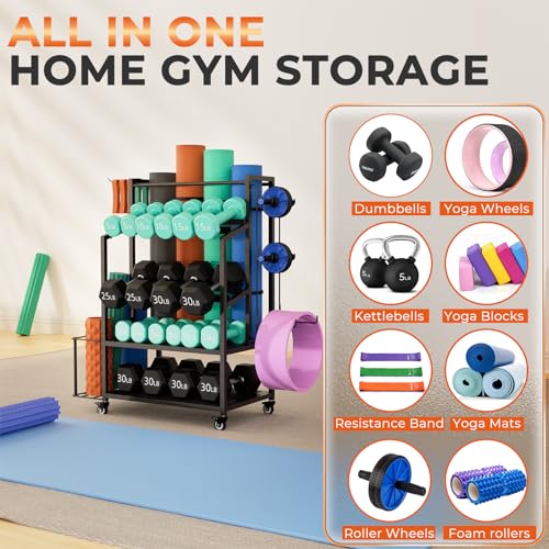 Dumbbell Rack with Wheels, Adjustable Heavy Duty Weight Stand for Dumbbells Kettlebells, Multi-Purpose Home Gym Storage Organizer for Yoga Mat Foam Roller, Workout Equipment Storage Rack